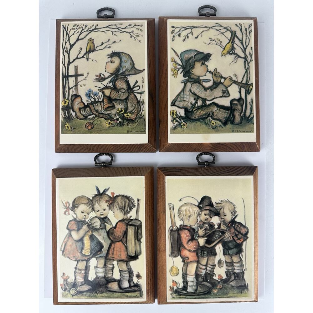 Vintage Hummel Mini Prints Wood Frame Art Pictures Retro Set Of 4